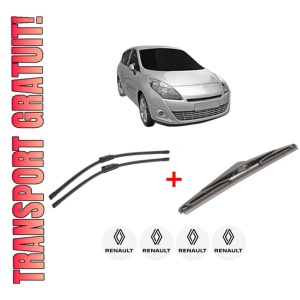 Set 3 stergatoare RENAULT SCENIC III VAN (JZ0/1_) din 2009 - 2016, pentru parbriz si luneta fata si spate auto, Bosch Twin, din cauciuc siliconat rezistent, 4 Stickere Auto RENAULT