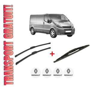Set 3 stergatoare RENAULT TRAFIC II Van (FL) din 2001 - 2006, pentru parbriz si luneta fata si spate auto, Bosch Twin, din cauciuc siliconat rezistent, 4 Stickere Auto RENAULT