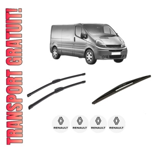 Set 3 stergatoare RENAULT TRAFIC II Van (FL) din 2001-2007, pentru parbriz si luneta fata si spate auto, Bosch Twin-Aerotwin Retrofit, din cauciuc siliconat rezistent, 4 Stickere Auto RENAULT