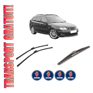 Set 3 stergatoare SAAB 9-3 Estate (E50) din 2005-2015, pentru parbriz si luneta fata si spate auto, Bosch Twin-Aerotwin, din cauciuc siliconat rezistent, 4 Stickere Auto SAAB