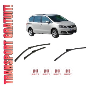 Set 3 stergatoare SEAT ALHAMBRA (710, 711) din 2010-2022, pentru parbriz si luneta fata si spate auto, Bosch Aerotwin-Aerotwin, din cauciuc siliconat rezistent, 4 Stickere Auto SEAT