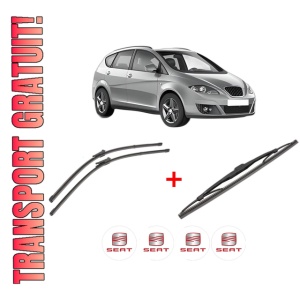 Set 3 stergatoare SEAT ALTEA XL (5P5, 5P8) din 2006 - 2015, pentru parbriz si luneta fata si spate auto, Valeo Silencio, din cauciuc siliconat rezistent, 4 Stickere Auto SEAT