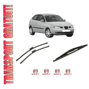 Set 3 stergatoare SEAT IBIZA III (6L1) din 2002-2009, pentru parbriz si luneta fata si spate auto, Bosch Twin-Aerotwin, din cauciuc siliconat rezistent, 4 Stickere Auto SEAT