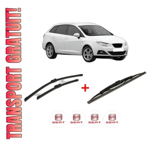 Set 3 stergatoare SEAT IBIZA IV ST (6J8, 6P8) din 2010 - 2016, pentru parbriz si luneta fata si spate auto, Bosch Twin, din cauciuc siliconat rezistent, 4 Stickere Auto SEAT