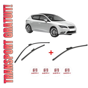 Set 3 stergatoare SEAT LEON (5F1) din 2012 - 2020, pentru parbriz si luneta fata si spate auto, Valeo Silencio Xtrm, din cauciuc siliconat rezistent, 4 Stickere Auto SEAT