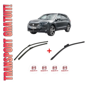 Set 3 stergatoare SEAT TARRACO (KN2) din 2018 - 2024, pentru parbriz si luneta fata si spate auto, Bosch Aerotwin, din cauciuc siliconat rezistent, 4 Stickere Auto SEAT