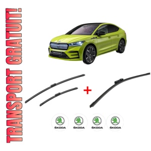 Set 3 stergatoare SKODA ENYAQ iV Coupe (5AC) din 2021, pentru parbriz si luneta fata si spate auto, Bosch Aerotwin, din cauciuc siliconat rezistent, 4 Stickere Auto SKODA
