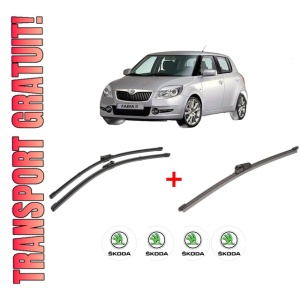 Set 3 stergatoare SKODA FABIA II (542) din 2006 - 2014, pentru parbriz si luneta fata si spate auto, Valeo Silencio Xtrm, din cauciuc siliconat rezistent, 4 Stickere Auto SKODA
