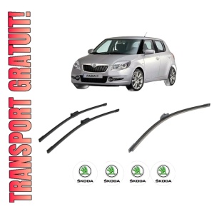 Set 3 stergatoare SKODA FABIA II (542) din 2006-2014, pentru parbriz si luneta fata si spate auto, Bosch Aerotwin-Aerotwin, din cauciuc siliconat rezistent, 4 Stickere Auto SKODA