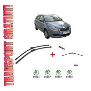 Set 3 stergatoare SKODA FABIA II Combi (545) din 2007 - 2014, pentru parbriz si luneta fata si spate auto, Valeo Silencio, din cauciuc siliconat rezistent, 4 Stickere Auto SKODA