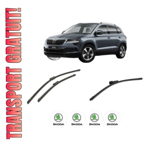 Set 3 stergatoare SKODA KAROQ (NU7, ND7) din 2017-2020, pentru parbriz si luneta fata si spate auto, Bosch Aerotwin-Aerotwin, din cauciuc siliconat rezistent, 4 Stickere Auto SKODA
