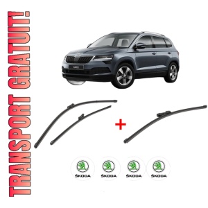 Set 3 stergatoare SKODA KAROQ (NU7, ND7) din 2017, pentru parbriz si luneta fata si spate auto, Valeo Silencio Xtrm, din cauciuc siliconat rezistent, 4 Stickere Auto SKODA