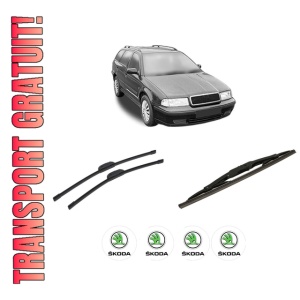 Set 3 stergatoare SKODA Octavia I Estate Van (1U5) din 2000-2010, pentru parbriz si luneta fata si spate auto, Bosch Twin-Aerotwin Retrofit, din cauciuc siliconat rezistent, 4 Stickere Auto SKODA