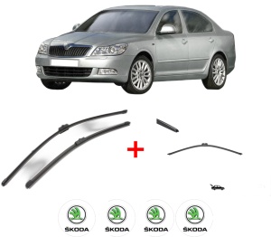 Set 3 stergatoare SKODA OCTAVIA II (1Z3) din 2004 - 2013, pentru parbriz si luneta fata si spate auto, Valeo Silencio, din cauciuc siliconat rezistent, 4 Stickere Auto SKODA v12233