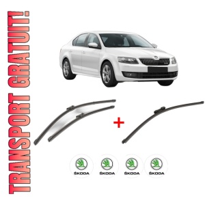 Set 3 stergatoare SKODA Octavia III (5E3, NL3, NR3) din 2012 - 2020, pentru parbriz si luneta fata si spate auto, Valeo Silencio Xtrm, din cauciuc siliconat rezistent, 4 Stickere Auto SKODA