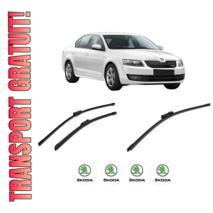 Set 3 stergatoare SKODA Octavia III (5E3, NL3, NR3) din 2012-2020, pentru parbriz si luneta fata si spate auto, Bosch Aerotwin-Aerotwin, din cauciuc siliconat rezistent, 4 Stickere Auto SKODA