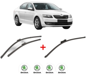 Set 3 stergatoare SKODA OCTAVIA III (5E3, NL3, NR3) din 2012 - 2020, pentru parbriz si luneta fata si spate auto, Valeo Silencio Xtrm, din cauciuc siliconat rezistent, 4 Stickere Auto SKODA v13078