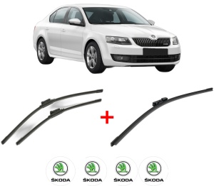 Set 3 stergatoare SKODA OCTAVIA III (5E3, NL3, NR3) din 2012 - 2020, pentru parbriz si luneta fata si spate auto, Bosch Aerotwin, din cauciuc siliconat rezistent, 4 Stickere Auto SKODA v4619
