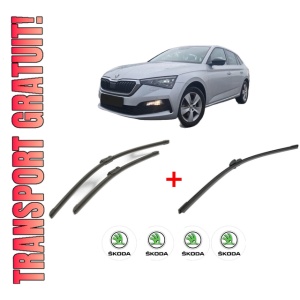 Set 3 stergatoare SKODA SCALA (NW1) din 2019, pentru parbriz si luneta fata si spate auto, Bosch Aerotwin, din cauciuc siliconat rezistent, 4 Stickere Auto SKODA