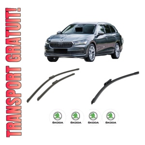 Set 3 stergatoare SKODA SUPERB IV Estate (NZ5) din 2023-2024, pentru parbriz si luneta fata si spate auto, Bosch Aerotwin-Aerotwin, din cauciuc siliconat rezistent, 4 Stickere Auto SKODA