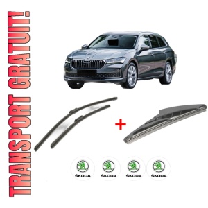 Set 3 stergatoare SKODA SUPERB IV Estate (NZ5) din 2023, pentru parbriz si luneta fata si spate auto, Bosch Twin, din cauciuc siliconat rezistent, 4 Stickere Auto SKODA