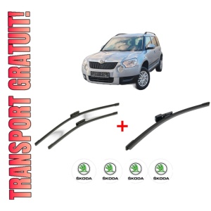 Set 3 stergatoare SKODA YETI (5L) din 2009 - 2017, pentru parbriz si luneta fata si spate auto, Bosch Aerotwin, din cauciuc siliconat rezistent, 4 Stickere Auto SKODA