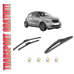 Set 3 stergatoare SMART FORFOUR Hatchback (453) din 2014-2017, pentru parbriz si luneta fata si spate auto, Bosch Twin-Aerotwin, din cauciuc siliconat rezistent, 4 Stickere Auto SMART