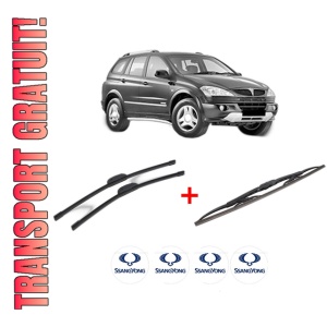 Set 3 stergatoare SSANGYONG Actyon I din 2005 - 2013, pentru parbriz si luneta fata si spate auto, Bosch Twin, din cauciuc siliconat rezistent, 4 Stickere Auto SSANGYONG