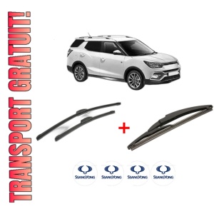 Set 3 stergatoare SSANGYONG XLV VAN din 2016, pentru parbriz si luneta fata si spate auto, Bosch Twin, din cauciuc siliconat rezistent, 4 Stickere Auto SSANGYONG