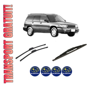 Set 3 stergatoare SUBARU FORESTER (SF_) din 1997-2002, pentru parbriz si luneta fata si spate auto, Bosch Twin-Aerotwin Retrofit, din cauciuc siliconat rezistent, 4 Stickere Auto SUBARU