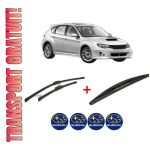 Set 3 stergatoare SUBARU IMPREZA Hatchback (GP_) din 2011 - 2016, pentru parbriz si luneta fata si spate auto, Bosch Twin, din cauciuc siliconat rezistent, 4 Stickere Auto SUBARU