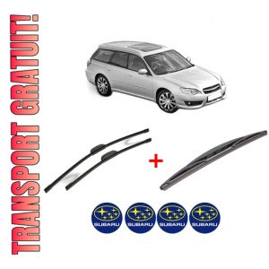 Set 3 stergatoare SUBARU LEGACY IV Estate (BP) din 2003 - 2009, pentru parbriz si luneta fata si spate auto, Bosch Twin, din cauciuc siliconat rezistent, 4 Stickere Auto SUBARU