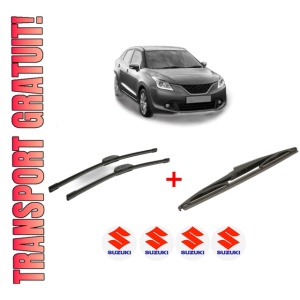Set 3 stergatoare SUZUKI BALENO (FW, EW) din 2016, pentru parbriz si luneta fata si spate auto, Bosch Twin, din cauciuc siliconat rezistent, 4 Stickere Auto SUZUKI