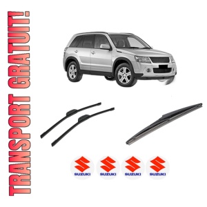 Set 3 stergatoare SUZUKI GRAND VITARA II (JT, TE, TD) din 2005-2015, pentru parbriz si luneta fata si spate auto, Bosch Twin-Aerotwin Retrofit, din cauciuc siliconat rezistent, 4 Stickere Auto SUZUKI