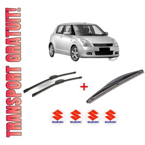 Set 3 stergatoare SUZUKI SWIFT III (MZ, EZ) din 2005 - 2015, pentru parbriz si luneta fata si spate auto, Bosch Twin, din cauciuc siliconat rezistent, 4 Stickere Auto SUZUKI