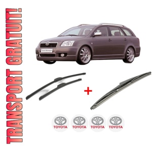 Set 3 stergatoare TOYOTA AVENSIS Estate (_T25_) din 2003 - 2008, pentru parbriz si luneta fata si spate auto, Bosch Twin, din cauciuc siliconat rezistent, 4 Stickere Auto TOYOTA