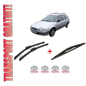 Set 3 stergatoare TOYOTA COROLLA Estate Van (_E11_) din 2000 - 2001, pentru parbriz si luneta fata si spate auto, Bosch Twin, din cauciuc siliconat rezistent, 4 Stickere Auto TOYOTA