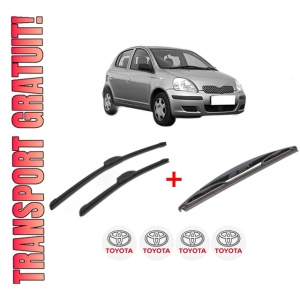 Set 3 stergatoare TOYOTA YARIS (_P1_) din 1999 - 2005, pentru parbriz si luneta fata si spate auto, Bosch Twin, din cauciuc siliconat rezistent, 4 Stickere Auto TOYOTA