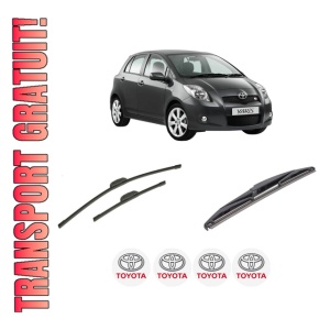 Set 3 stergatoare TOYOTA YARIS (_P9_) din 2005-2014, pentru parbriz si luneta fata si spate auto, Bosch Twin-Aerotwin Retrofit, din cauciuc siliconat rezistent, 4 Stickere Auto TOYOTA