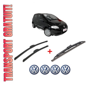 Set 3 stergatoare Volkswagen FOX Van (5Z1) din 2010 - 2011, pentru parbriz si luneta fata si spate auto, Bosch Twin, din cauciuc siliconat rezistent, 4 Stickere Auto VW