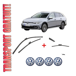 Set 3 stergatoare Volkswagen GOLF ALLTRACK VIII (CG5) din 2020 - 2024, pentru parbriz si luneta fata si spate auto, Valeo Silencio, din cauciuc siliconat rezistent, 4 Stickere Auto VW