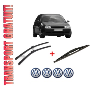 Set 3 stergatoare Volkswagen GOLF IV Van (1J1) din 1997 - 2004, pentru parbriz si luneta fata si spate auto, Bosch Twin, din cauciuc siliconat rezistent, 4 Stickere Auto VW