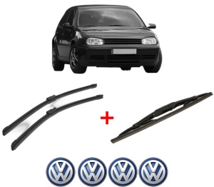 Set 3 stergatoare Volkswagen GOLF IV Van (1J1) din 1997 - 2004, pentru parbriz si luneta fata si spate auto, Bosch Twin, din cauciuc siliconat rezistent, 4 Stickere Auto VW v9839
