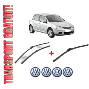 Set 3 stergatoare Volkswagen GOLF V (1K1) din 2003 - 2009, pentru parbriz si luneta fata si spate auto, Valeo Silencio Xtrm, din cauciuc siliconat rezistent, 4 Stickere Auto VW