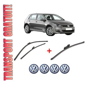 Set 3 stergatoare Volkswagen GOLF VII (5G1, BQ1, BE1, BE2) din 2012 - 2021, pentru parbriz si luneta fata si spate auto, Valeo Silencio Xtrm, din cauciuc siliconat rezistent, 4 Stickere Auto VW