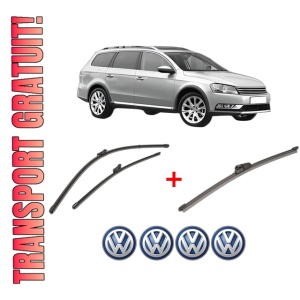 Set 3 stergatoare Volkswagen PASSAT ALLTRACK B7 (365) din 2012 - 2014, pentru parbriz si luneta fata si spate auto, Valeo Silencio Xtrm, din cauciuc siliconat rezistent, 4 Stickere Auto VW