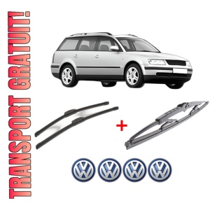 Set 3 stergatoare Volkswagen PASSAT B5 Variant (3B5) din 1997 - 2000, pentru parbriz si luneta fata si spate auto, Bosch Twin, din cauciuc siliconat rezistent, 4 Stickere Auto VW