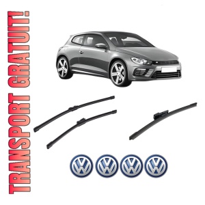 Set 3 stergatoare Volkswagen SCIROCCO III (137, 138) din 2008-2017, pentru parbriz si luneta fata si spate auto, Bosch Aerotwin-Aerotwin, din cauciuc siliconat rezistent, 4 Stickere Auto Volkswagen