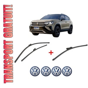 Set 3 stergatoare Volkswagen TAOS (CL1, CP1, CQ1) din 2020, pentru parbriz si luneta fata si spate auto, Valeo Silencio Xtrm, din cauciuc siliconat rezistent, 4 Stickere Auto VW