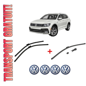 Set 3 stergatoare Volkswagen TIGUAN (AD1, AX1) din 2016 - 2024, pentru parbriz si luneta fata si spate auto, Valeo HydroConnect, din cauciuc siliconat rezistent, 4 Stickere Auto VW